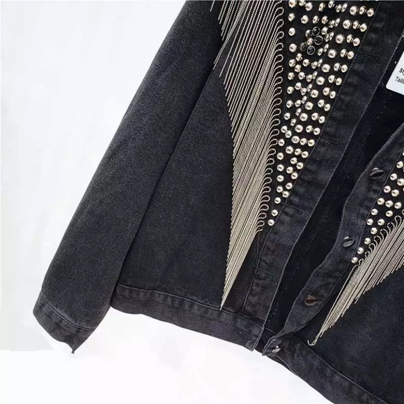 SOLD OUT Black Oversized Studded Chain Fringe Denim Jacket - Picture 7 of 8